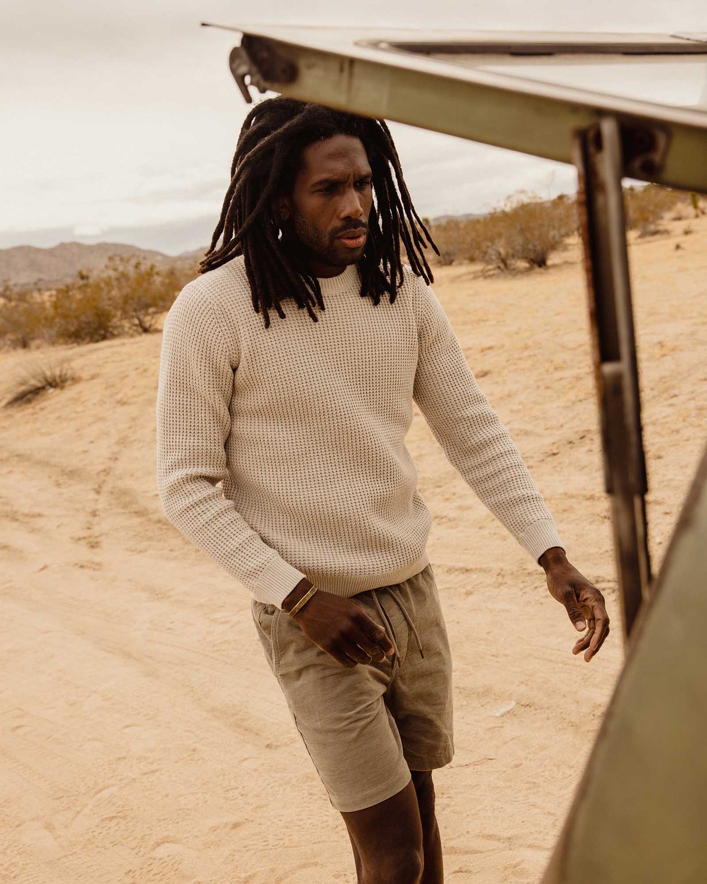 The Ranger Sweater in Heather Fog Linen Waffle