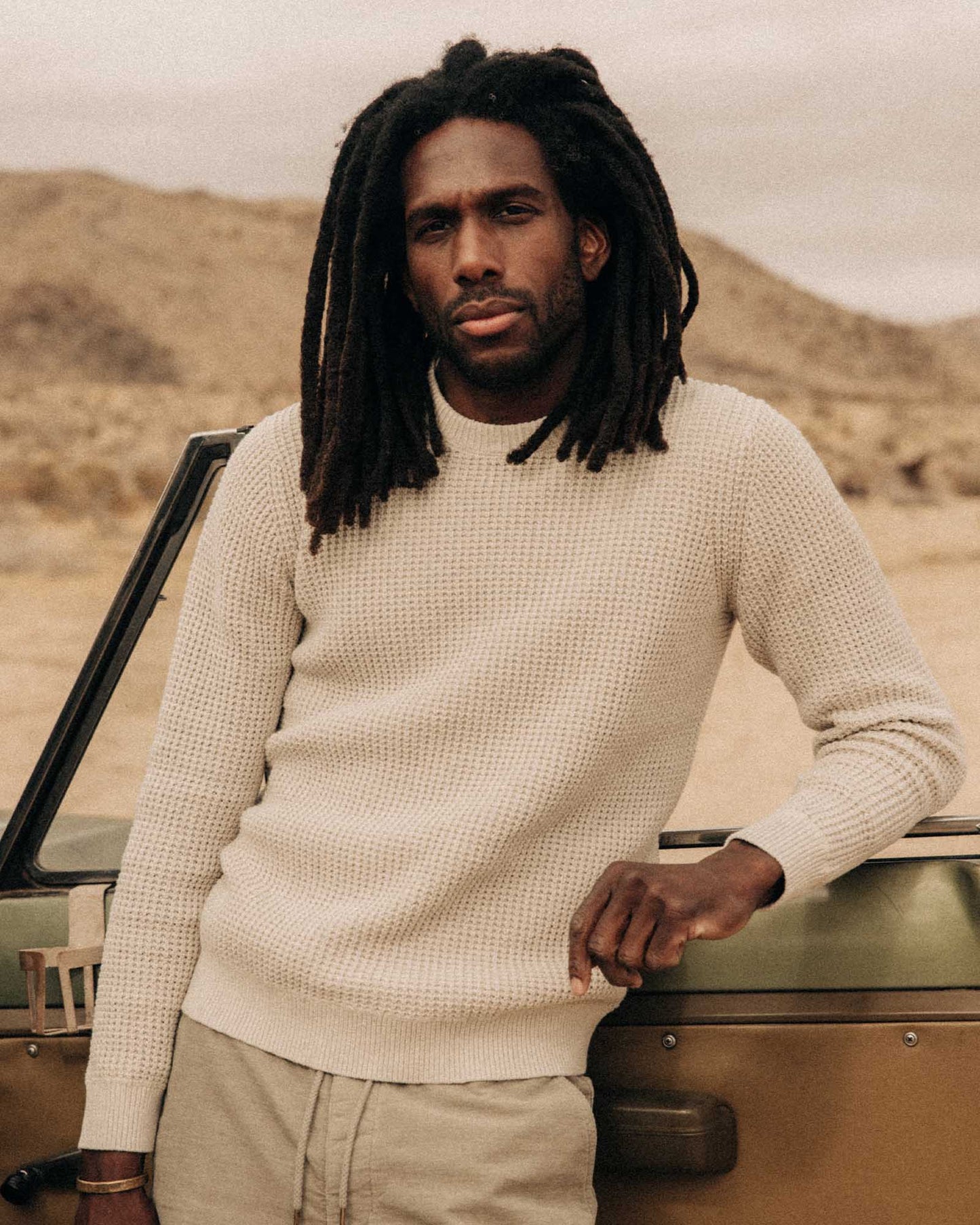 The Ranger Sweater in Heather Fog Linen Waffle